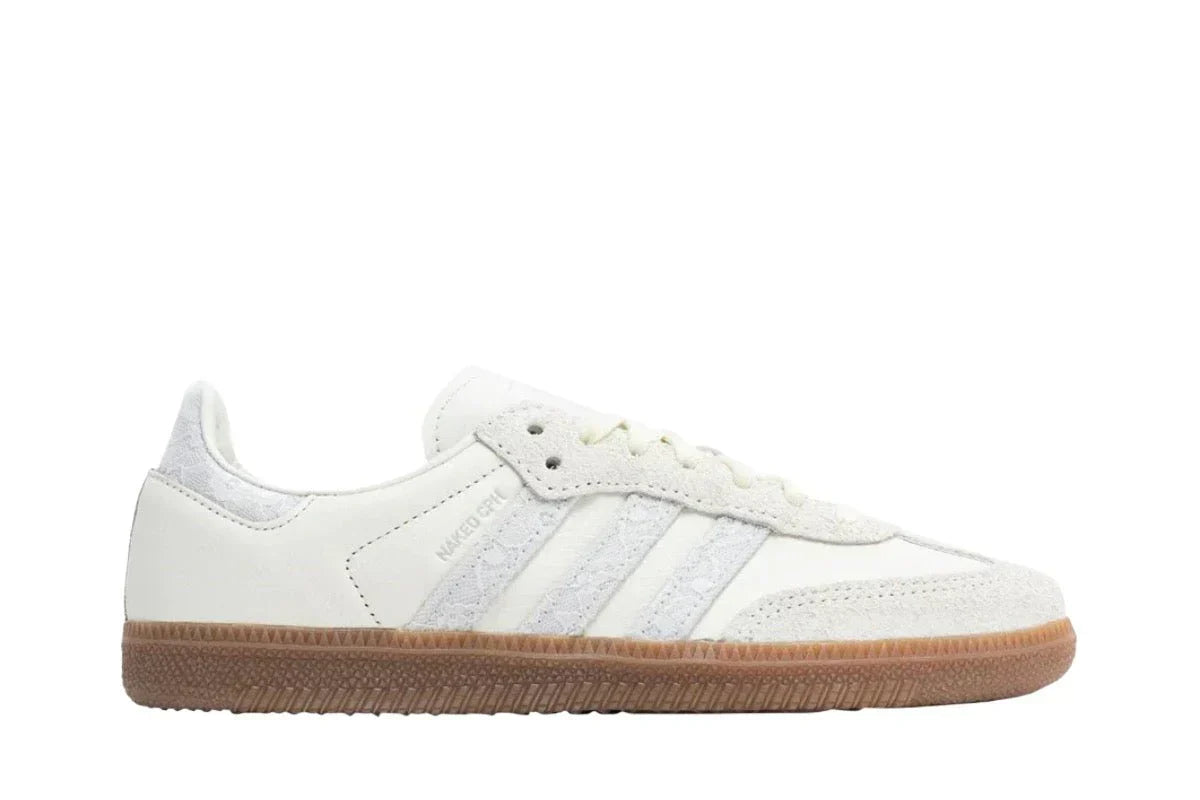 Tênis Adidas Samba Og x Naked Consortium Off White Crystal White Branco vista lateral